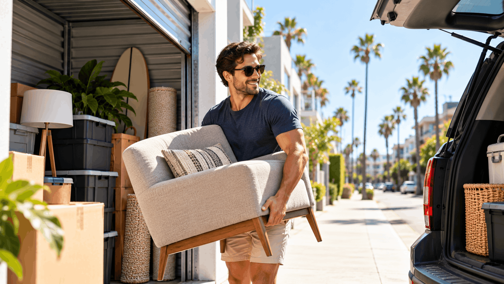 Man carrying armchair from storage unit to SUV on sunny Los Angeles street