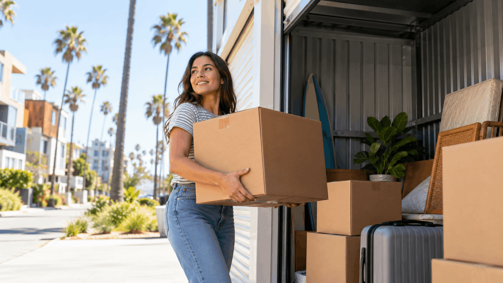 Smiling woman carrying cardboard moving box beside storage unit in Los Angeles