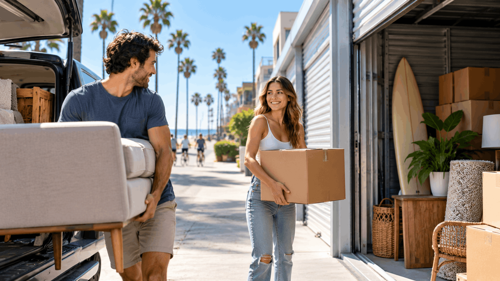 Couple moving boxes and furniture into beachside storage unit in Venice Los Angeles