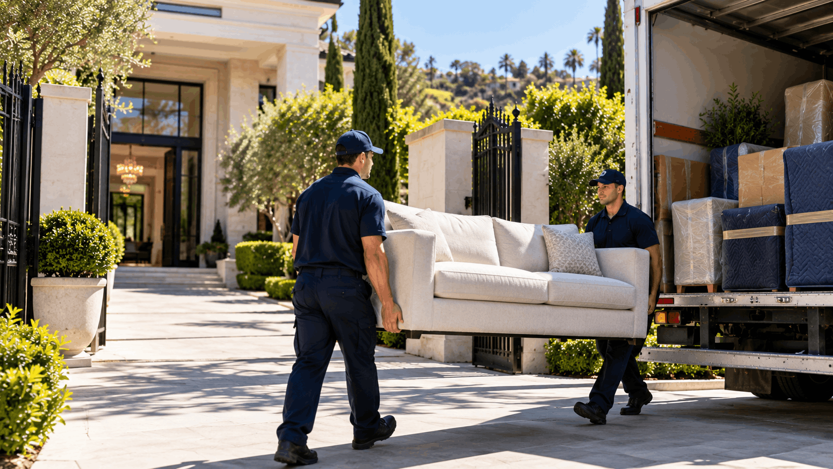 Two movers carrying white sofa from moving truck at luxury Bel Air estate