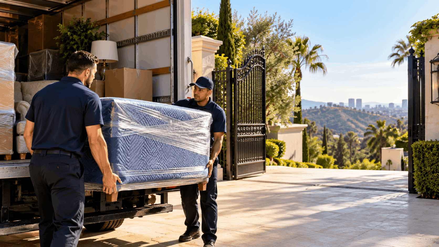 Two professional movers unloading wrapped mattress from moving truck at luxury Los Angeles estate