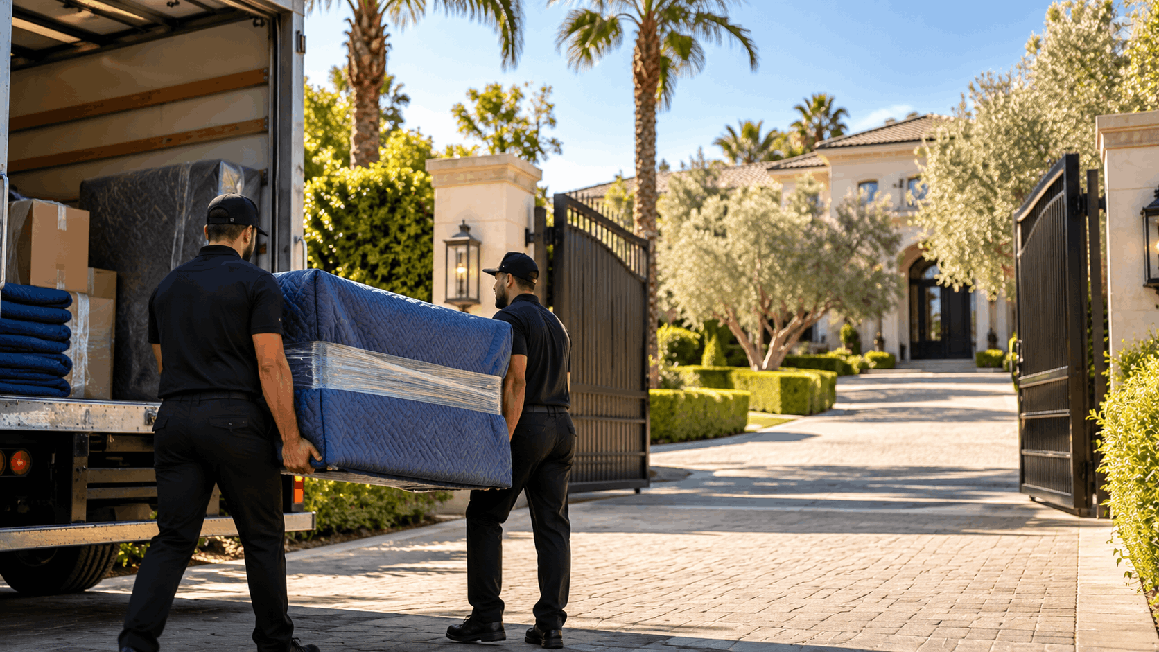 Two professional movers in black uniforms unloading wrapped mattress at luxury Los Angeles estate