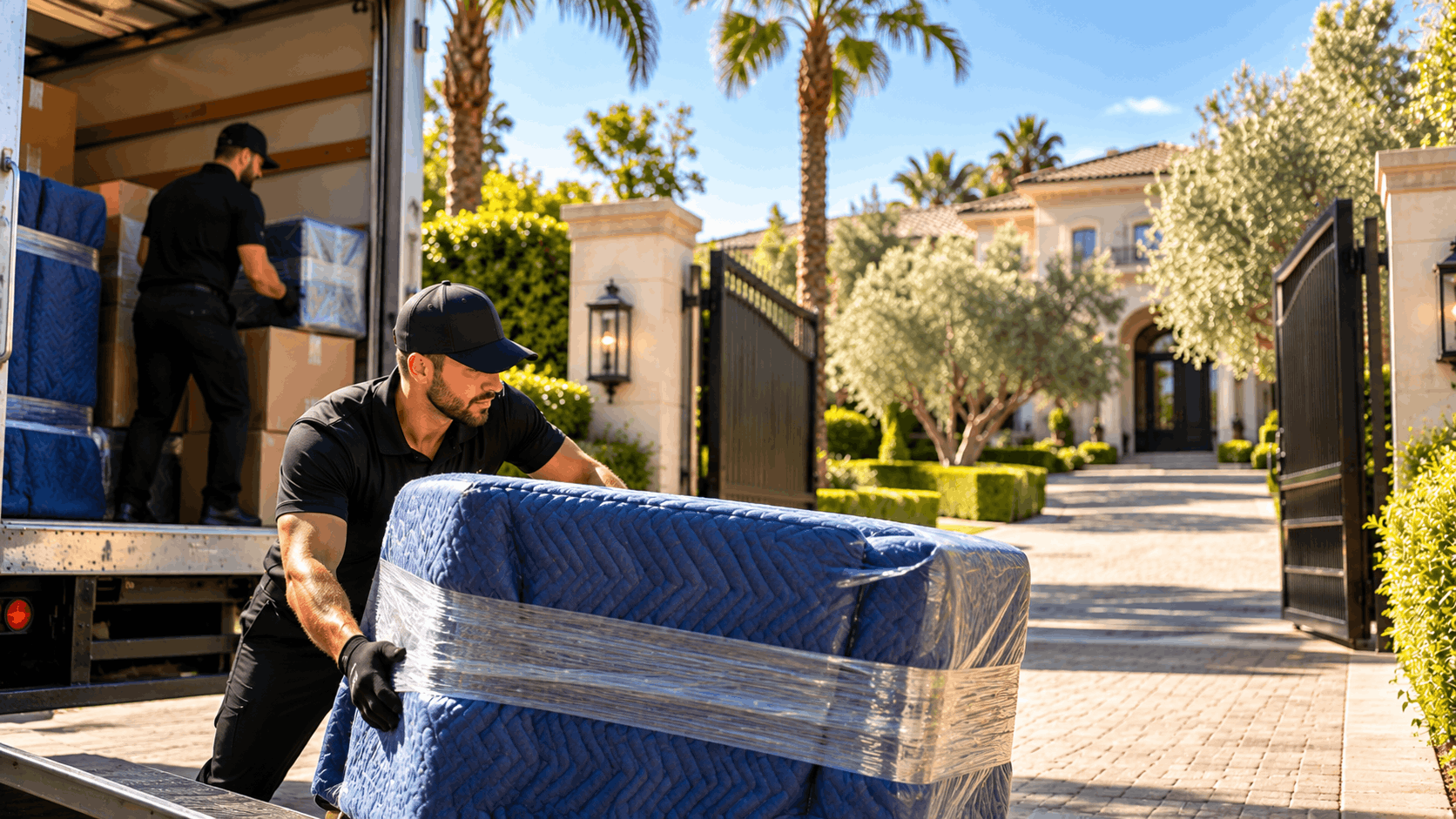 Professional movers unloading wrapped furniture from truck at luxury Bel Air gated estate
