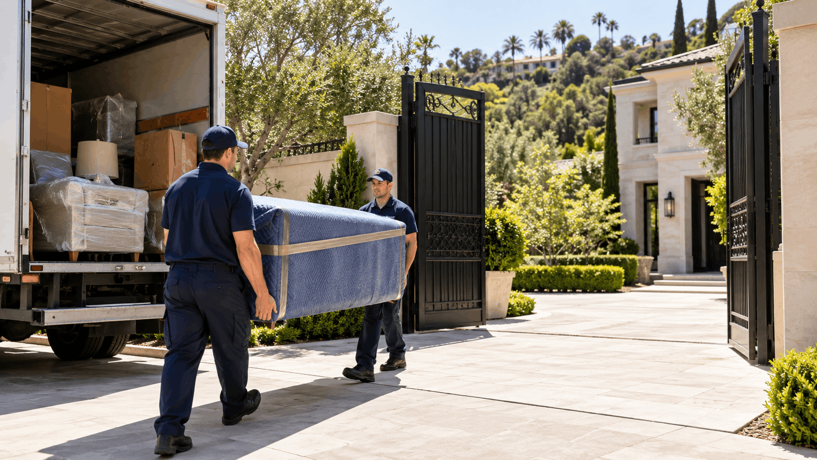 Two professional movers carrying mattress into luxury Los Angeles home from moving truck