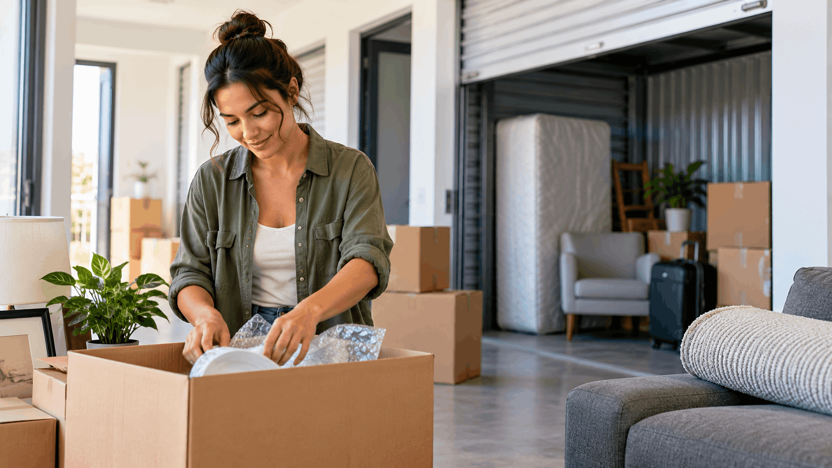 Woman unpacking moving boxes in storage unit during lease gap in Los Angeles