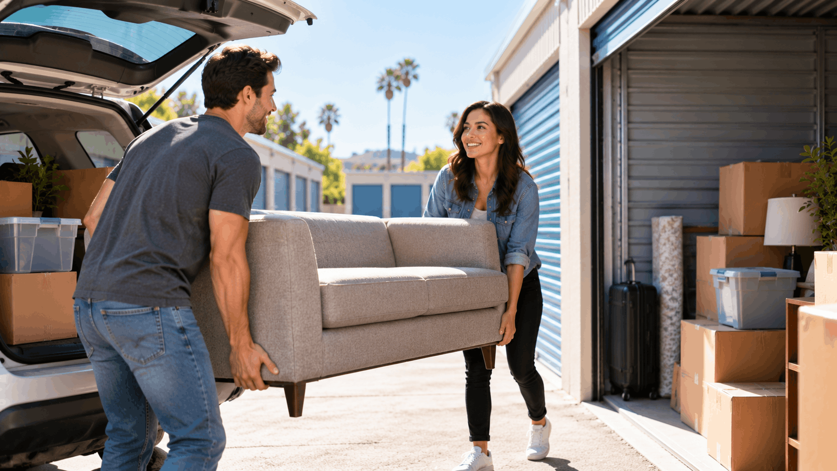 Couple carrying gray sofa into storage unit while unloading SUV in Los Angeles