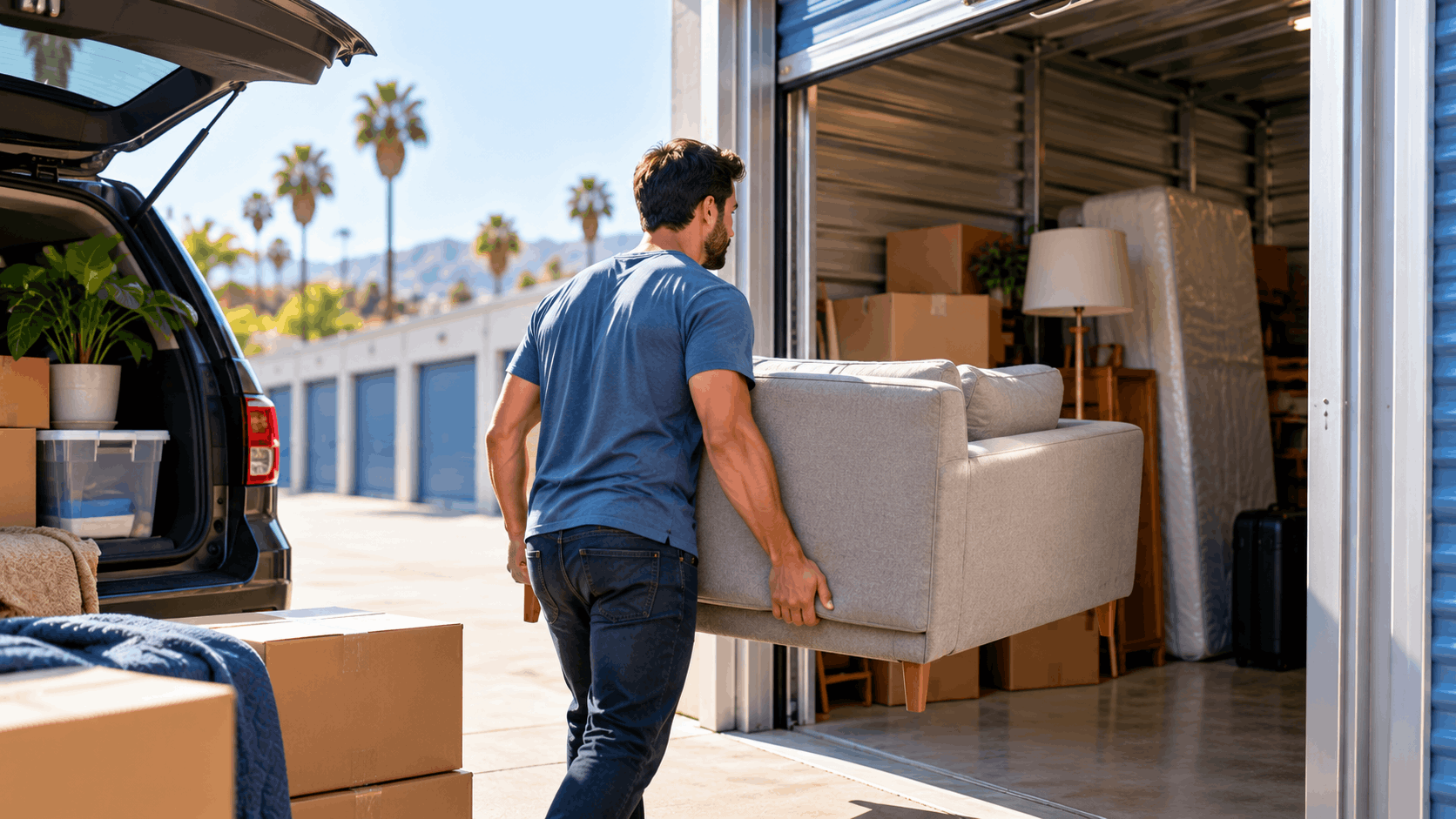 Man carrying sofa into Los Angeles self-storage unit while moving belongings