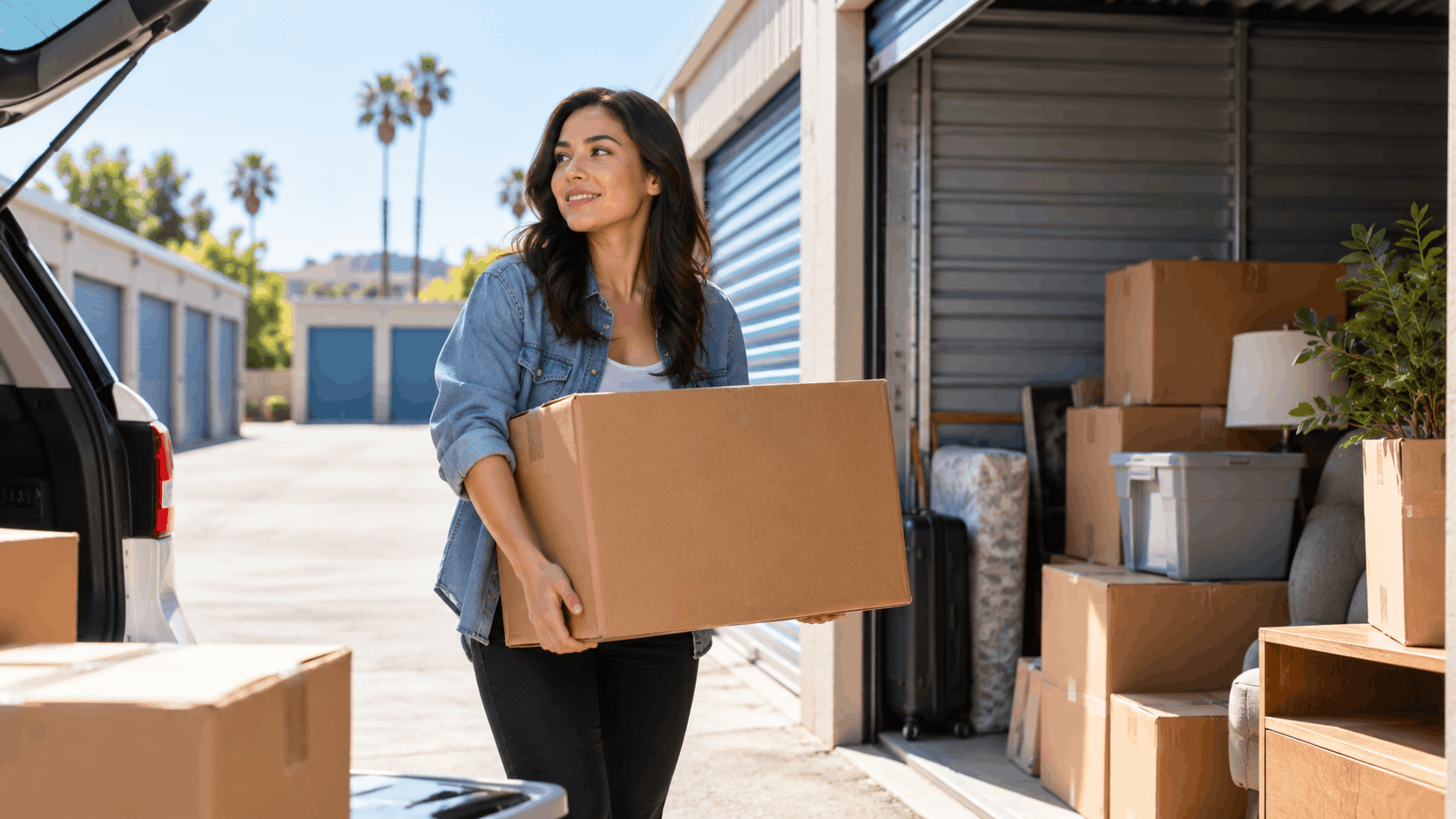 Woman carrying cardboard box into outdoor self-storage unit in Los Angeles
