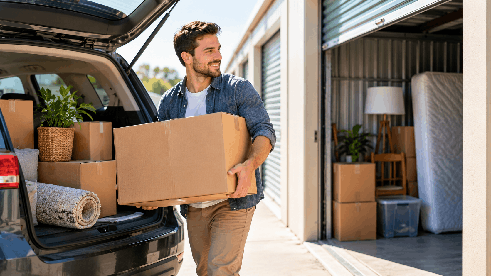 Smiling man carrying cardboard box from SUV into Los Angeles self-storage unit