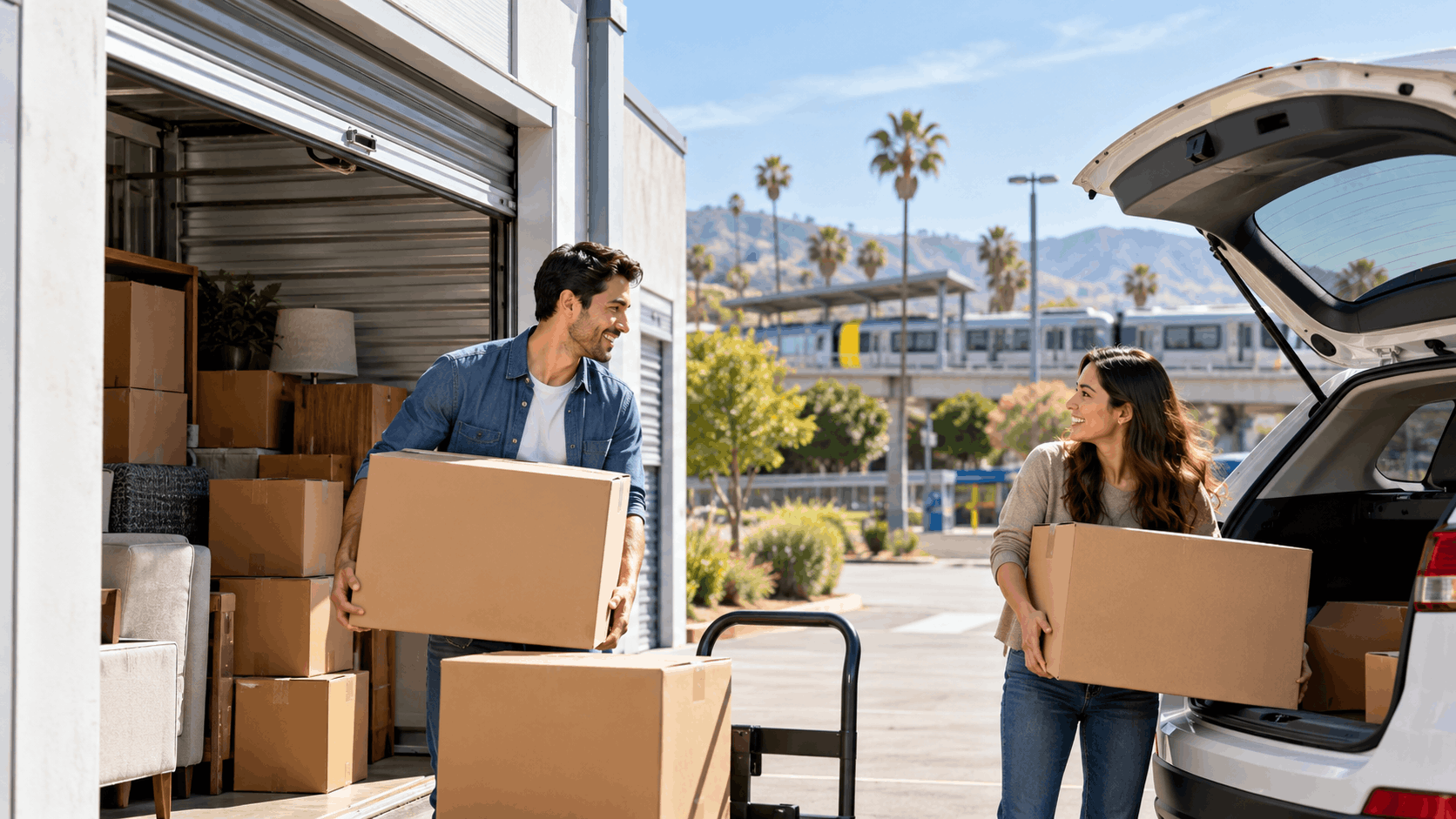Couple loading cardboard boxes into storage unit near North Hollywood transit station
