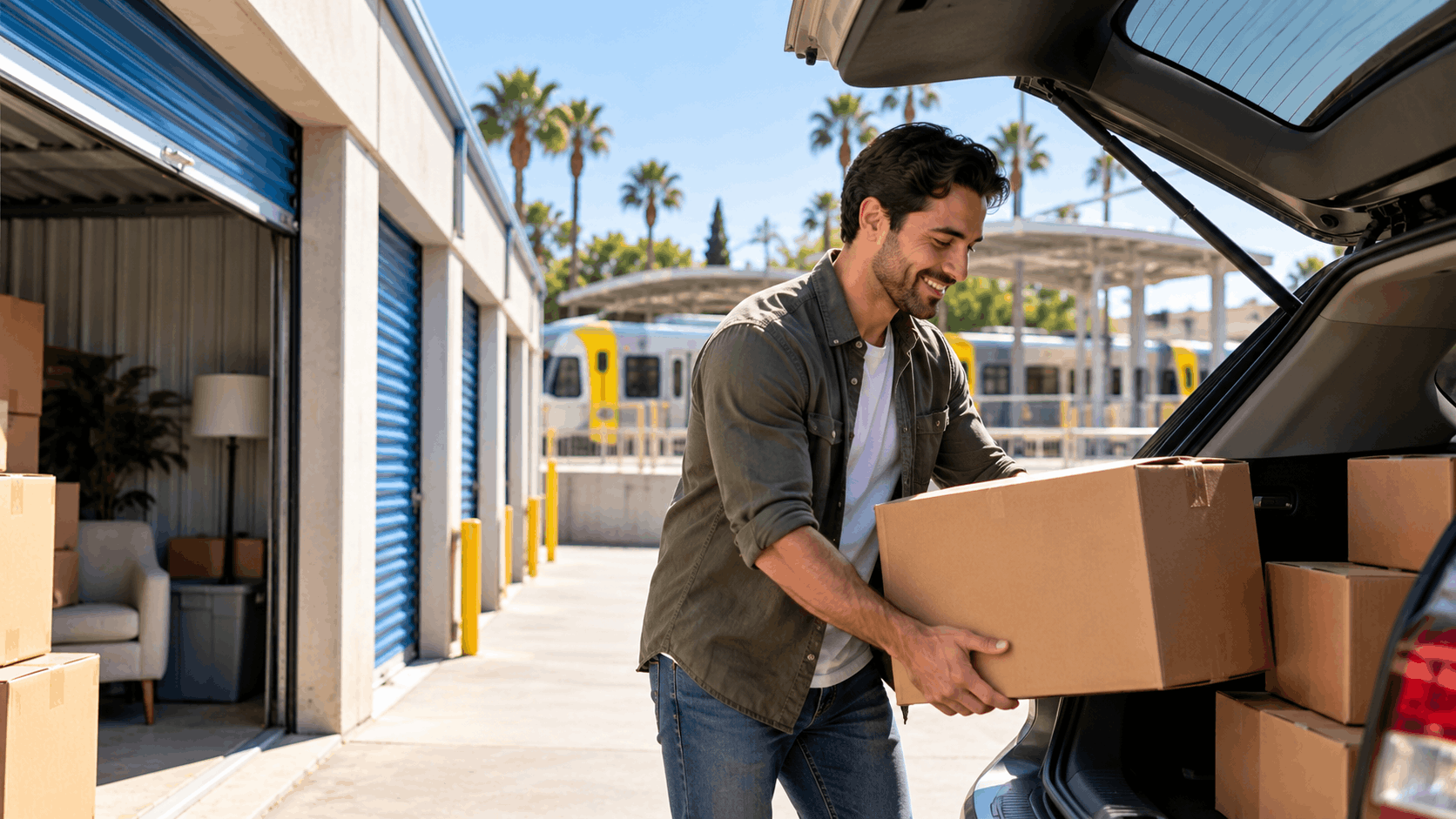 Man loading cardboard boxes into car trunk at Los Angeles self-storage facility