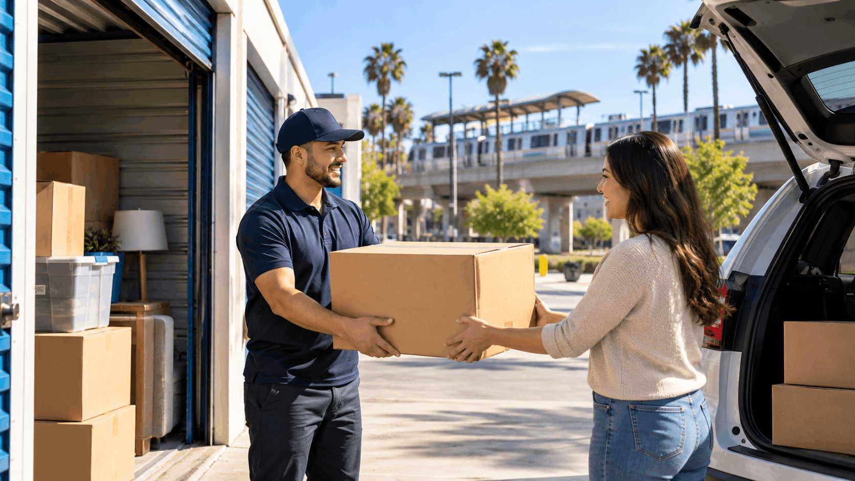Man and woman transferring moving box at Los Angeles self-storage facility with metro train visible