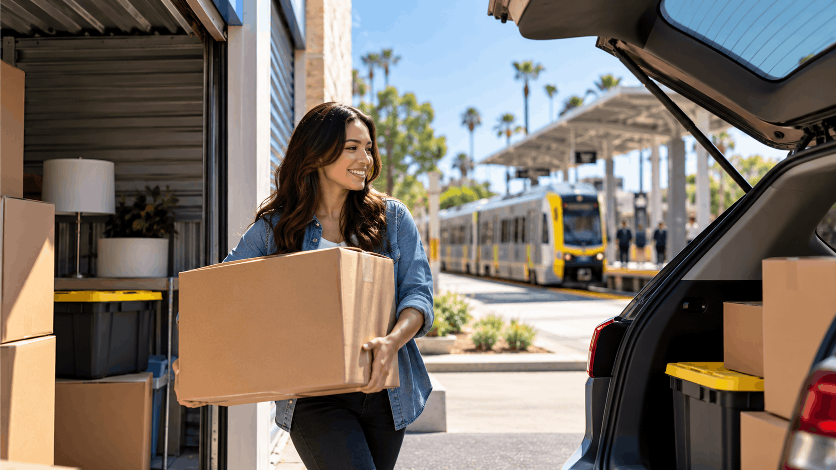 Woman carrying cardboard box from storage unit to open car trunk outdoors