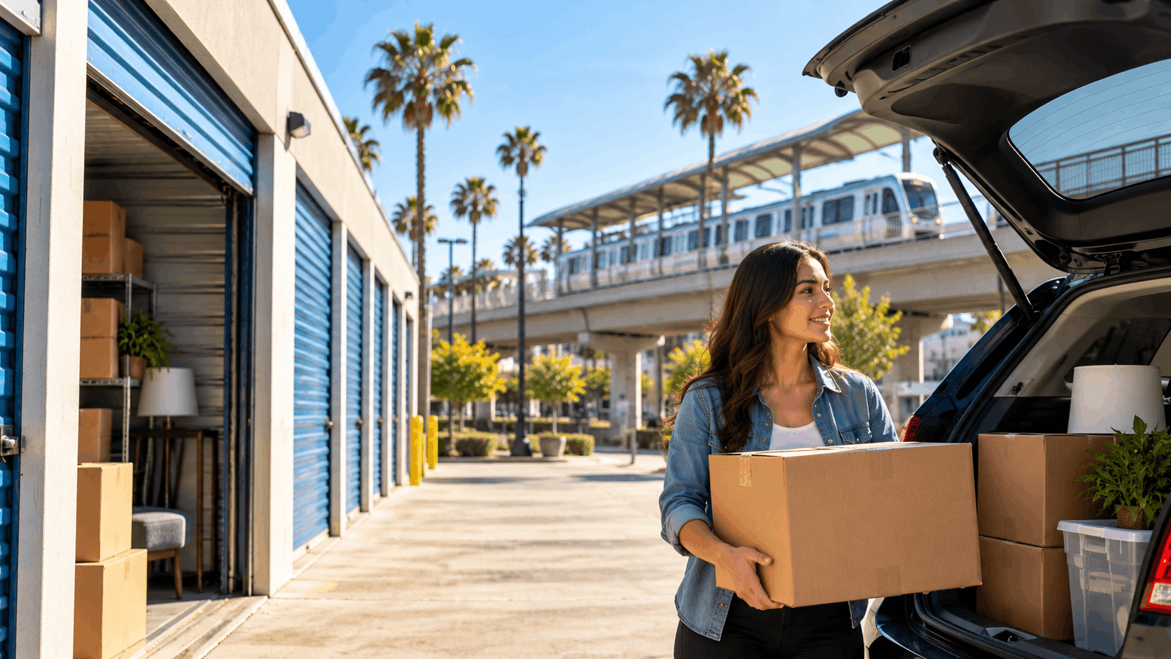 Woman carrying cardboard boxes at outdoor self-storage facility near Los Angeles metro rail