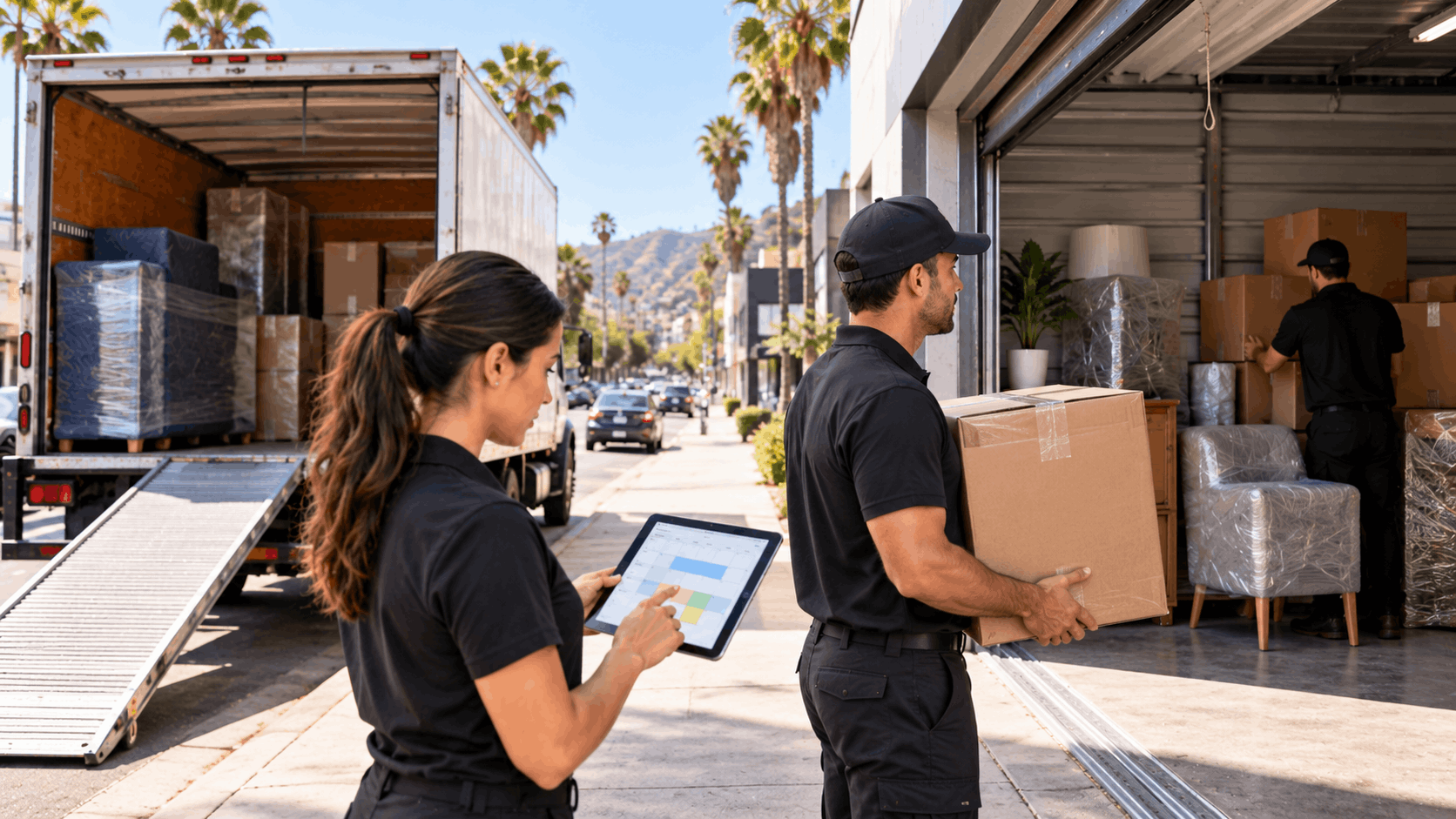 Moving crew unloading boxes from truck on Los Angeles palm-lined street