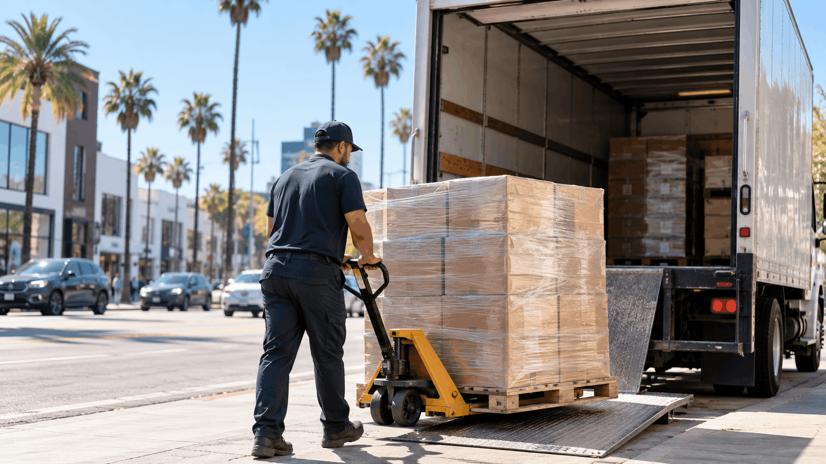 Delivery worker unloading shrink-wrapped pallet from truck on Los Angeles street