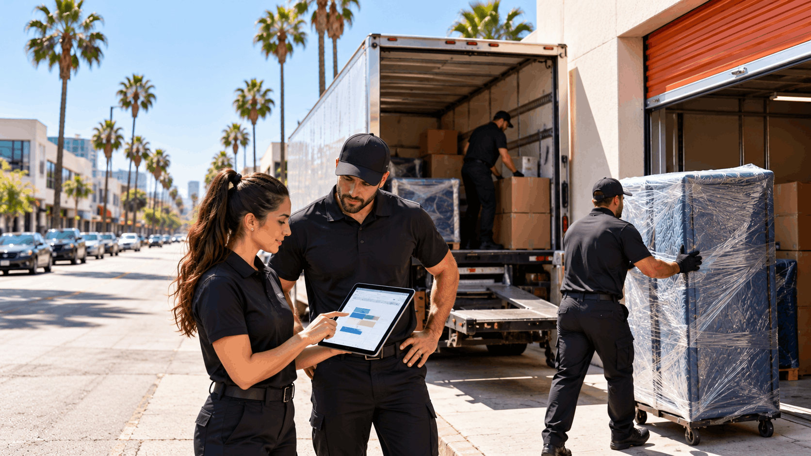 Moving crew unloading wrapped furniture into Los Angeles commercial storage unit