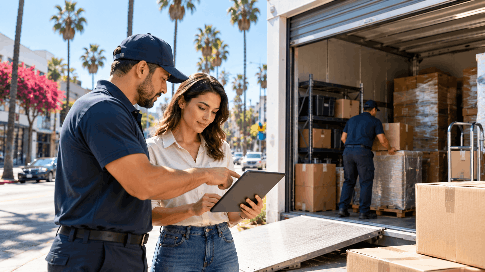 Movers reviewing tablet during Los Angeles commercial delivery with packed moving truck