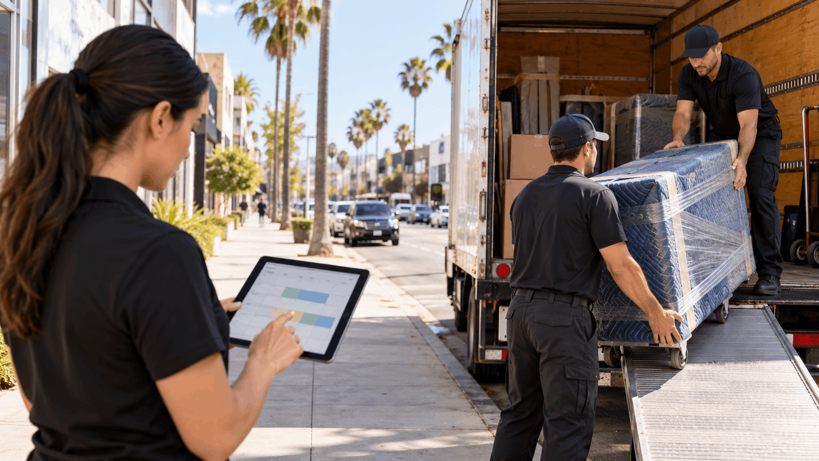 Popeye Moving crew unloading wrapped mattress from truck on Melrose Avenue Los Angeles