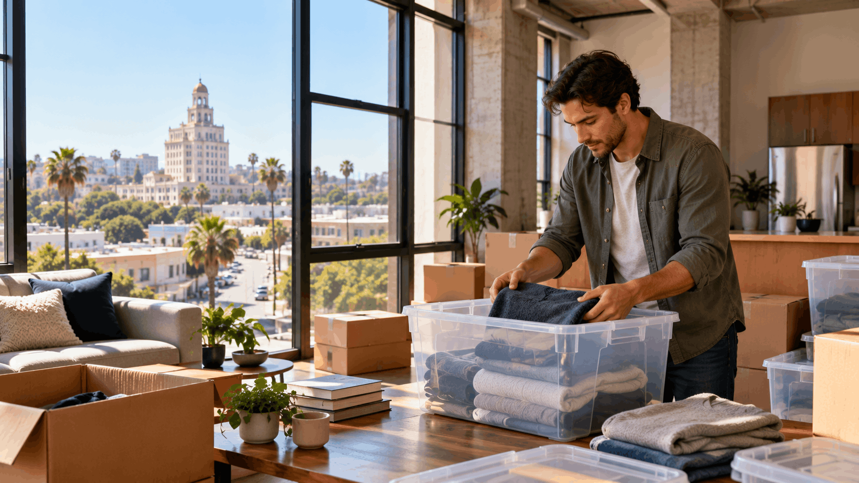 Young man packing folded clothes into clear storage bins in modern Los Angeles loft