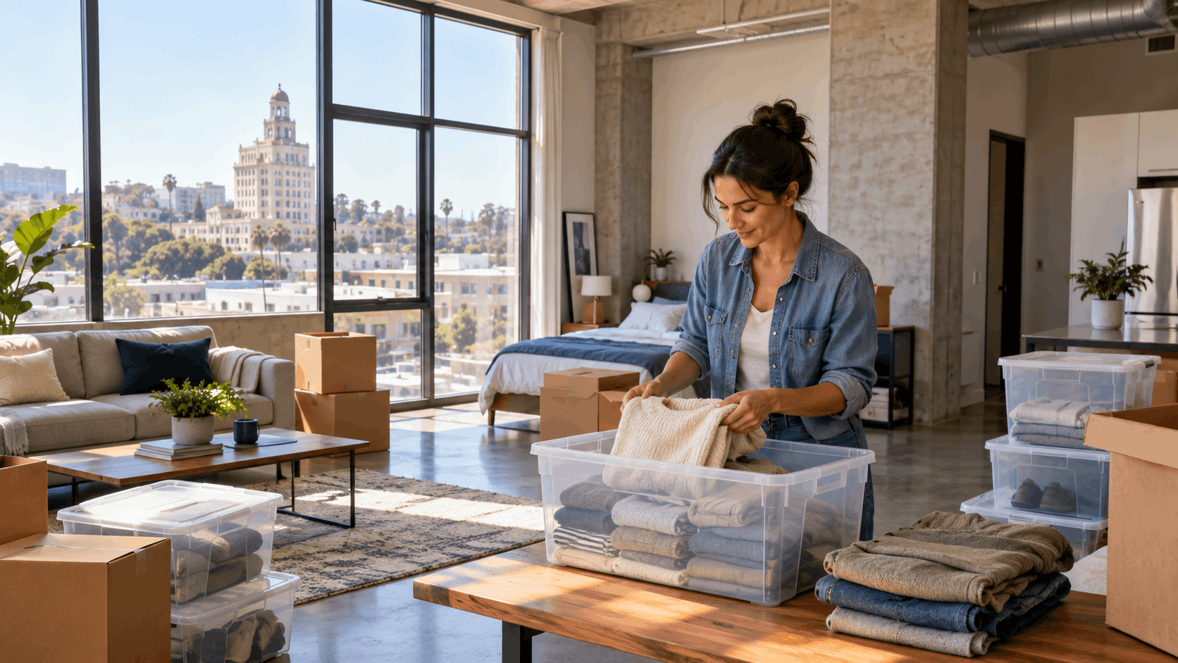 Woman packing folded clothes into clear storage bins in modern Los Angeles loft