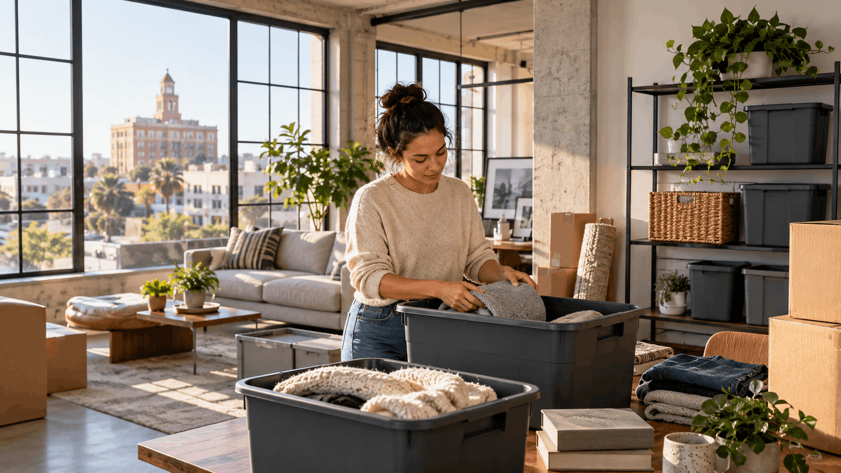 Woman packing belongings into storage bins in sunny Los Angeles loft apartment