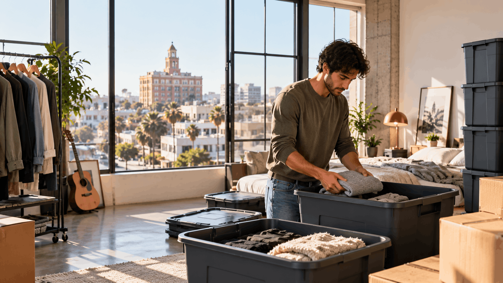 Young man packing folded clothes into storage bins in sunny Los Angeles loft apartment