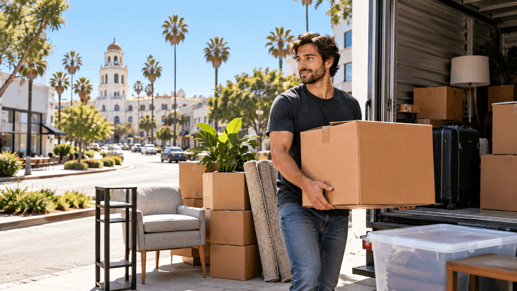 Man carrying cardboard box from moving truck on sunny Los Angeles street