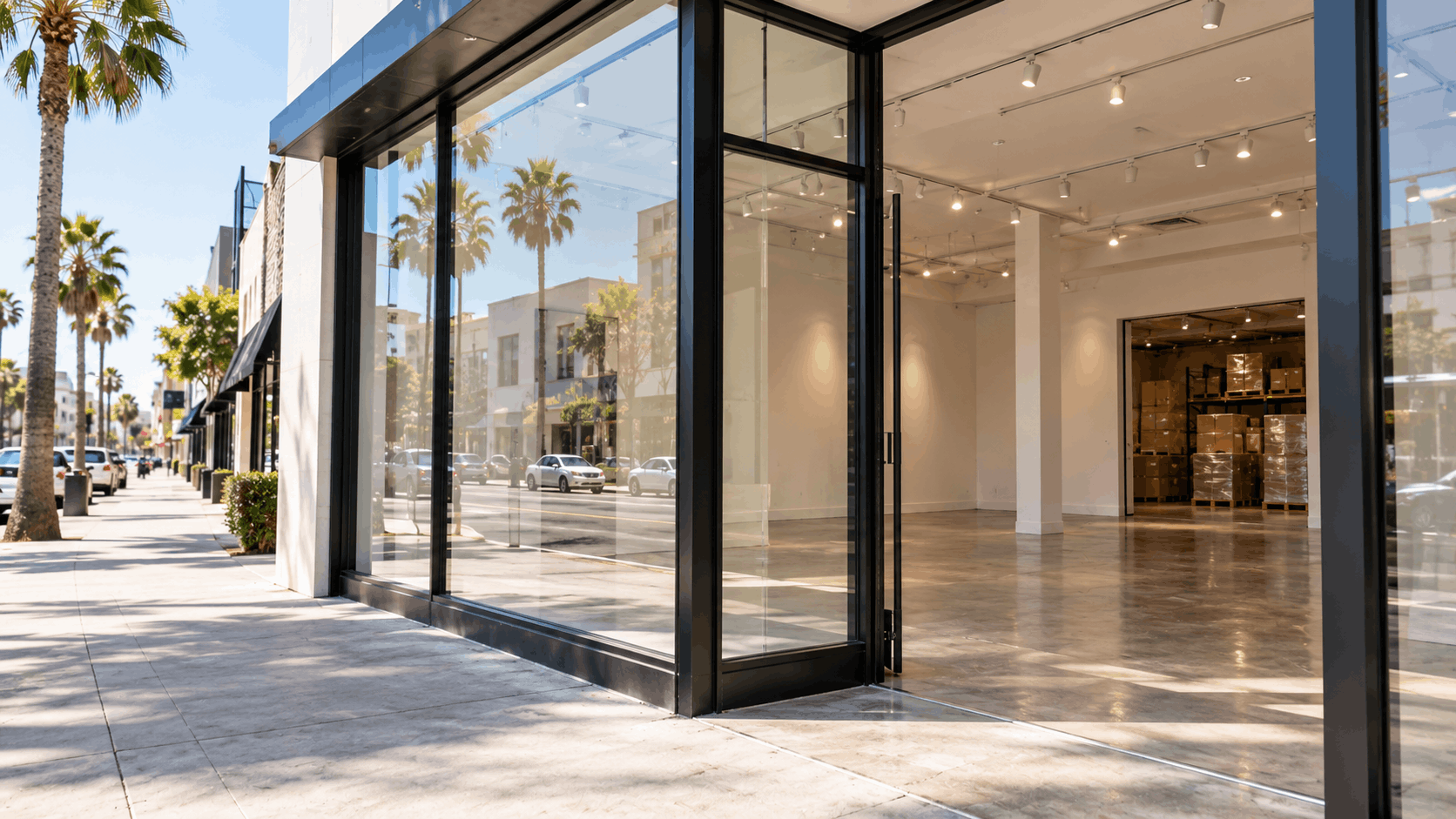 Empty glass-front Beverly Boulevard showroom with back storage area stacked with pallets