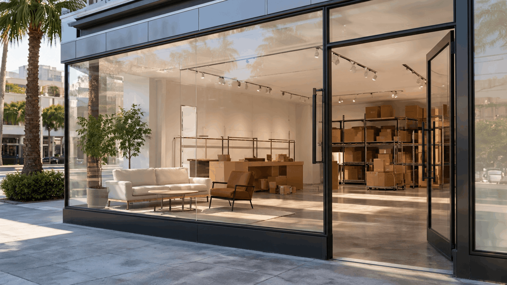 Modern Beverly Hills showroom storefront with moving boxes stacked on shelving units inside