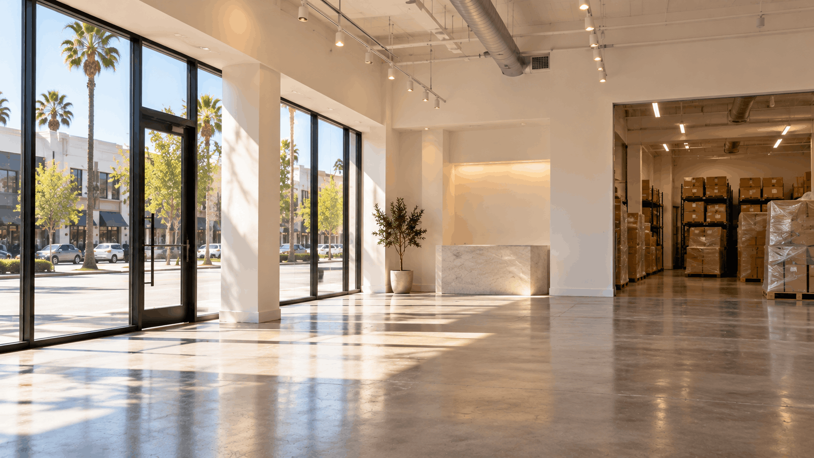 Bright empty Los Angeles showroom with polished floors and warehouse storage shelving