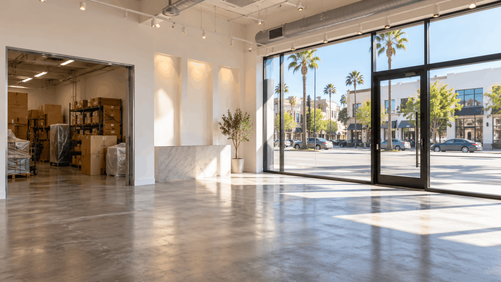 Empty Los Angeles retail storefront with moving boxes in back storage room