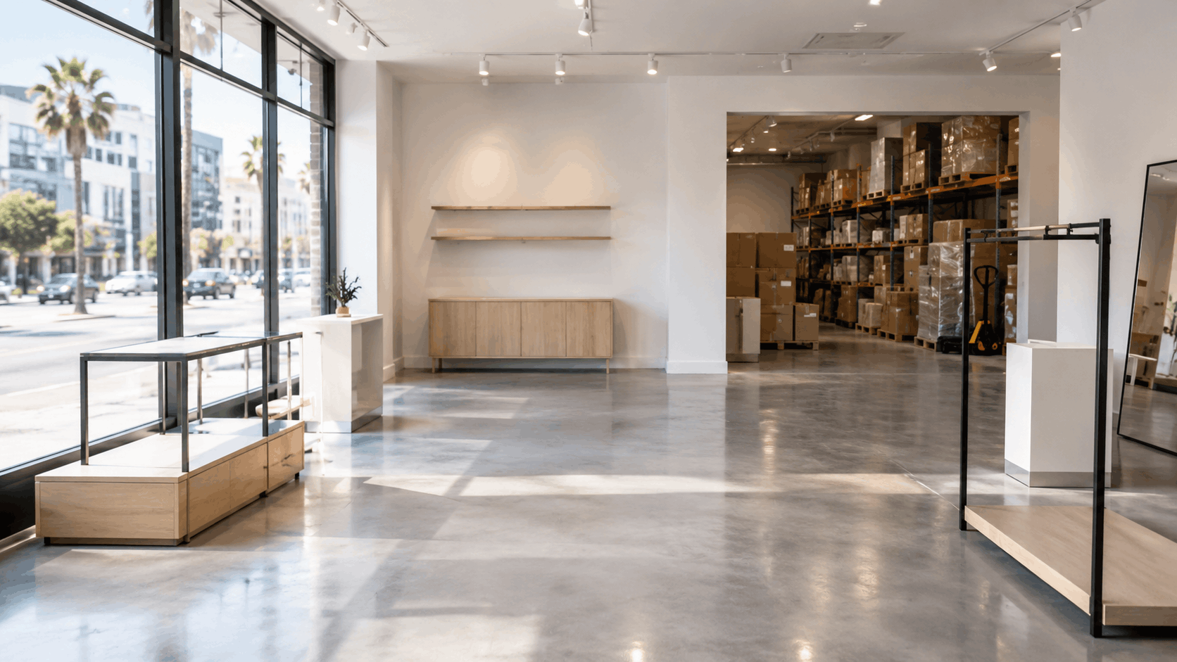 Modern Los Angeles showroom with polished concrete floors and adjacent warehouse storage