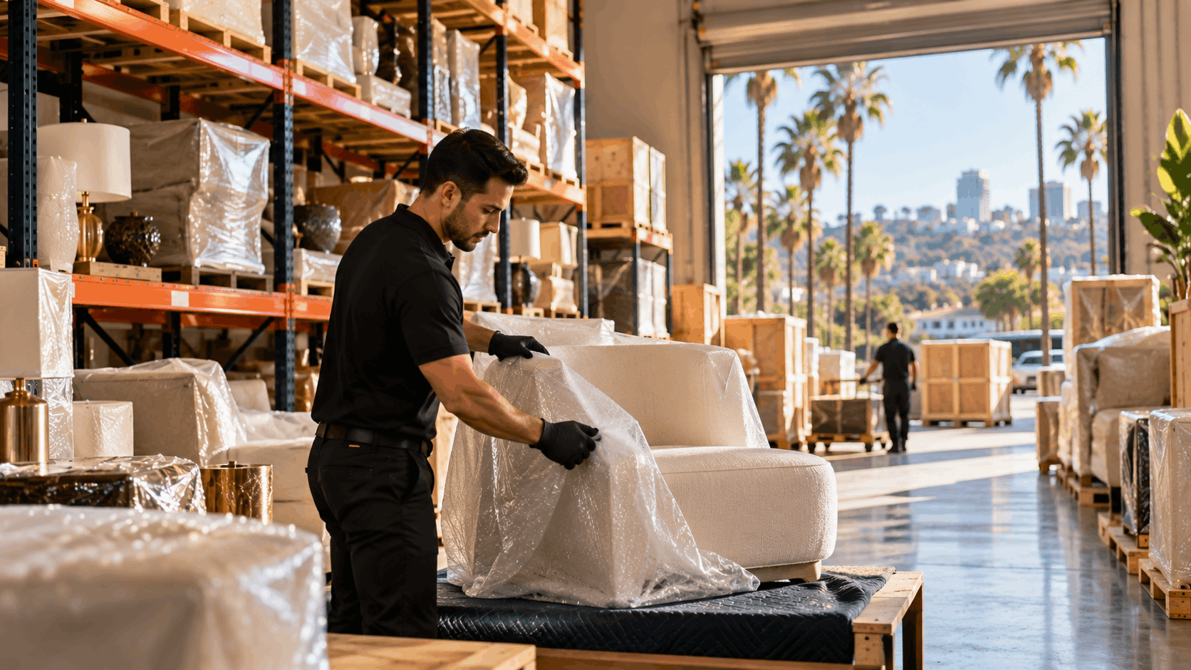 Warehouse worker wrapping luxury furniture in bubble wrap Los Angeles storage facility