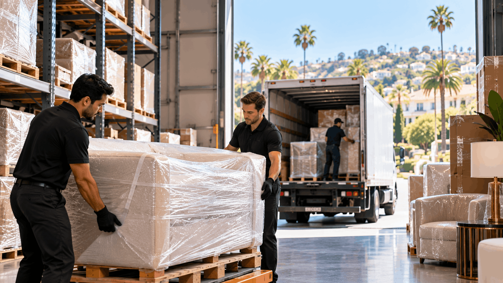 Two professional movers carefully handling plastic-wrapped furniture in Los Angeles warehouse