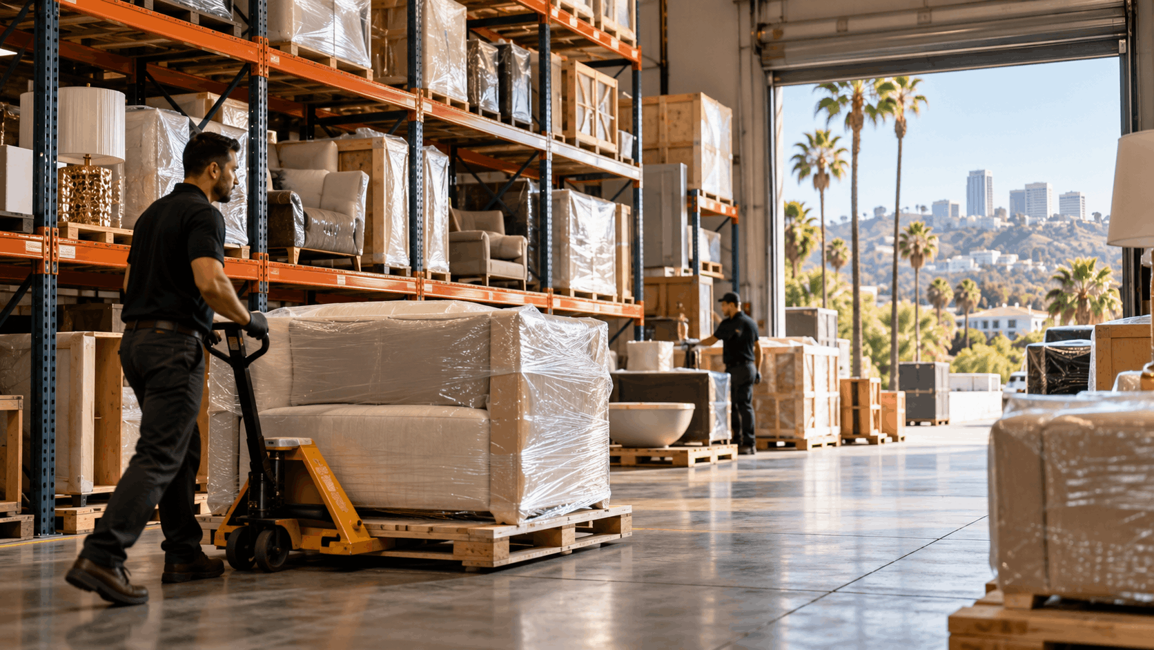 Warehouse workers moving wrapped furniture on pallet jack in Los Angeles storage facility