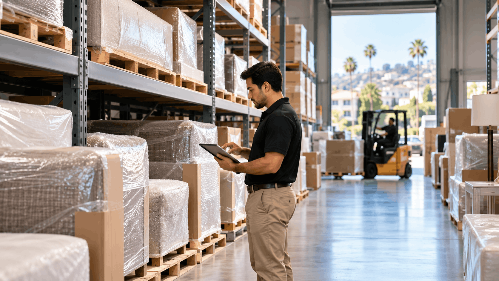Warehouse manager using tablet to inspect plastic-wrapped inventory on storage shelves Los Angeles
