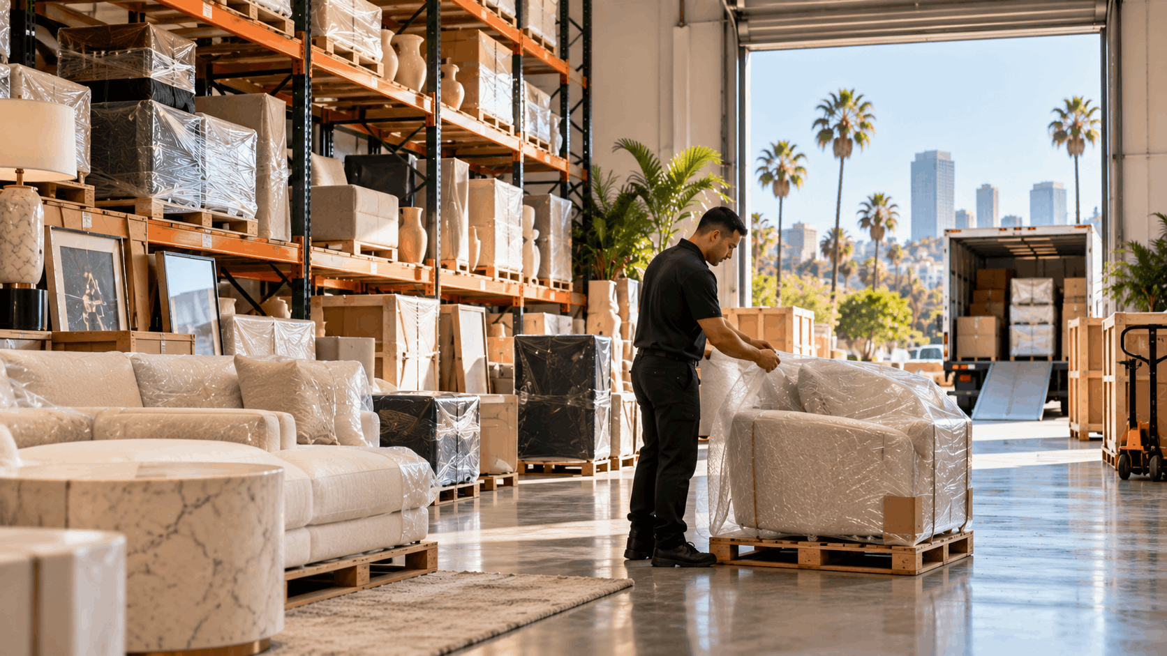 Warehouse worker wrapping furniture in plastic at Los Angeles showroom storage facility