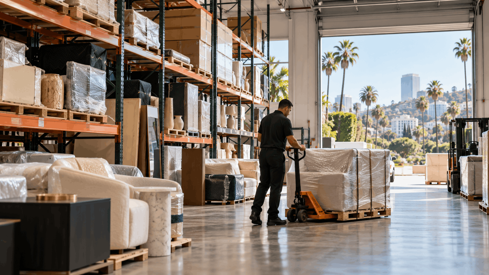 Warehouse worker using pallet jack to move wrapped furniture inventory in Los Angeles showroom storage facility