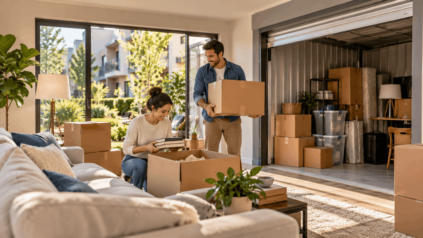 Couple unpacking moving boxes in bright living room with storage unit nearby