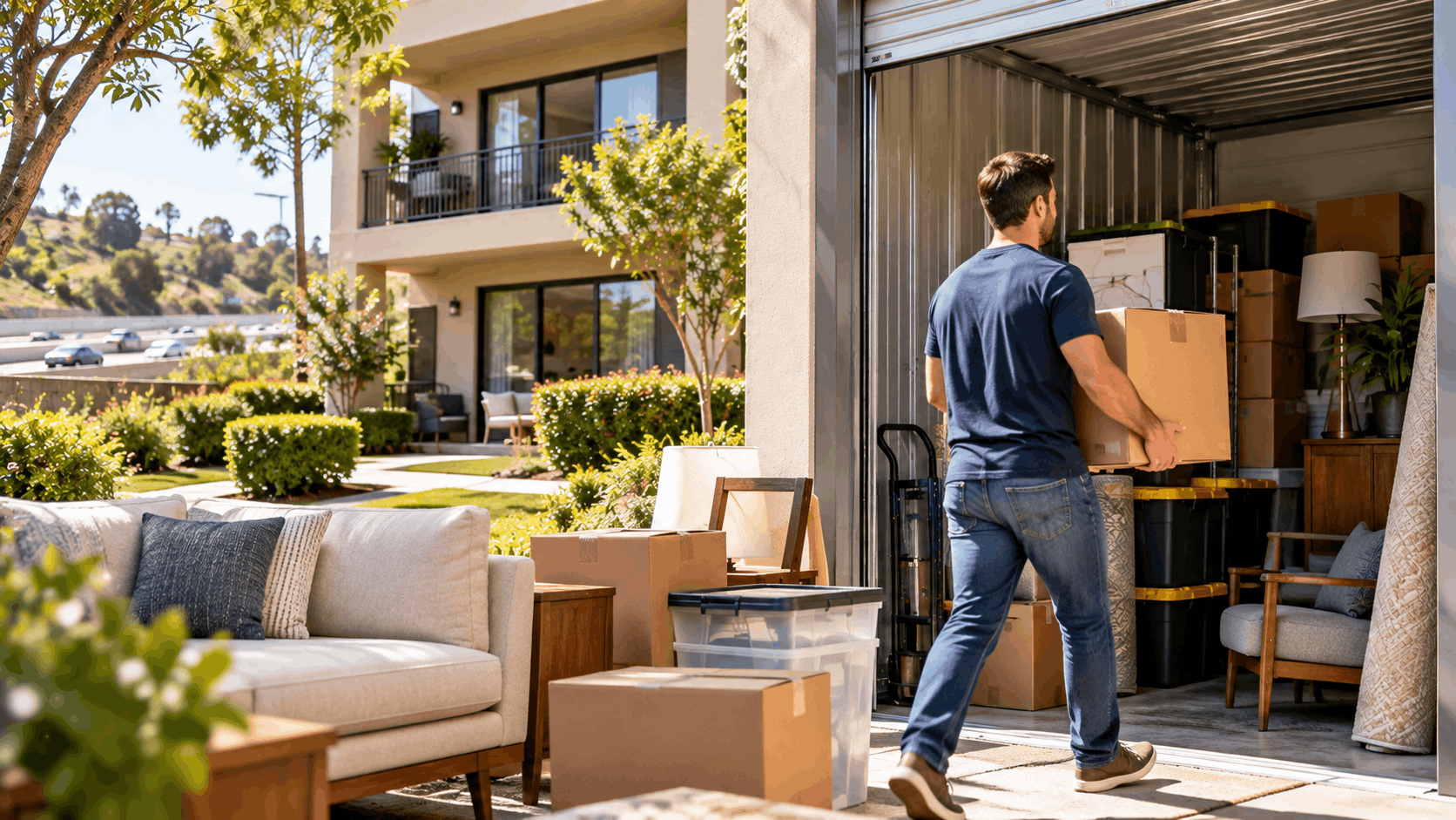 Man carrying cardboard box into storage unit with furniture and moving boxes outside