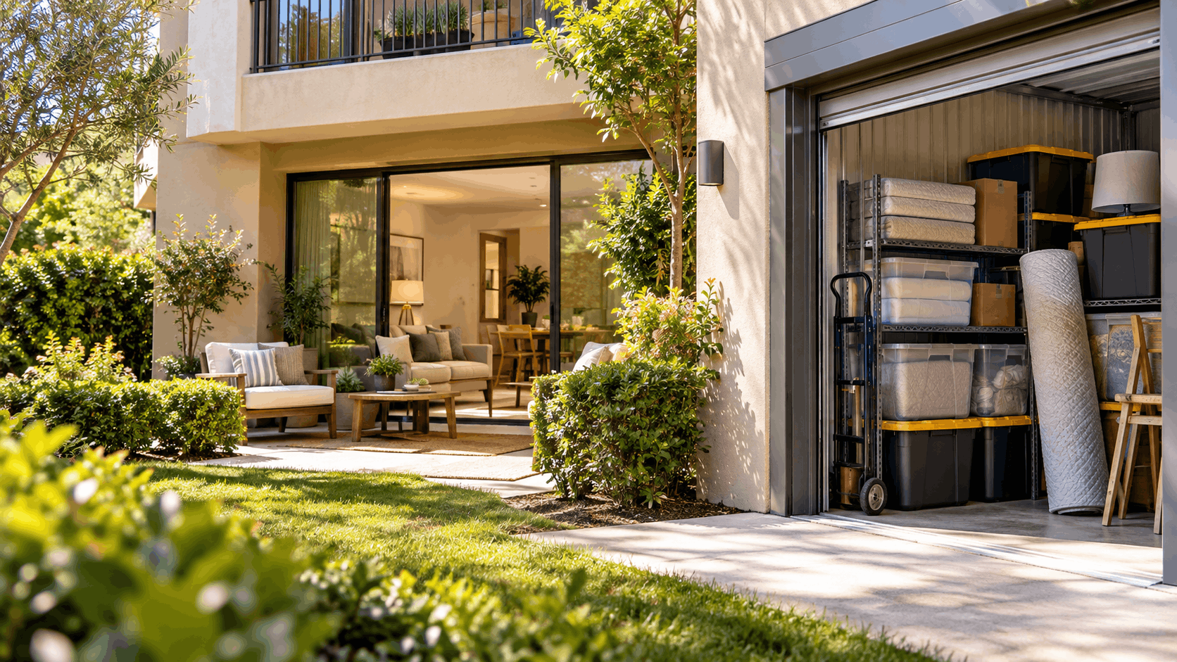 Modern home exterior with open storage unit containing shelved furniture and moving supplies