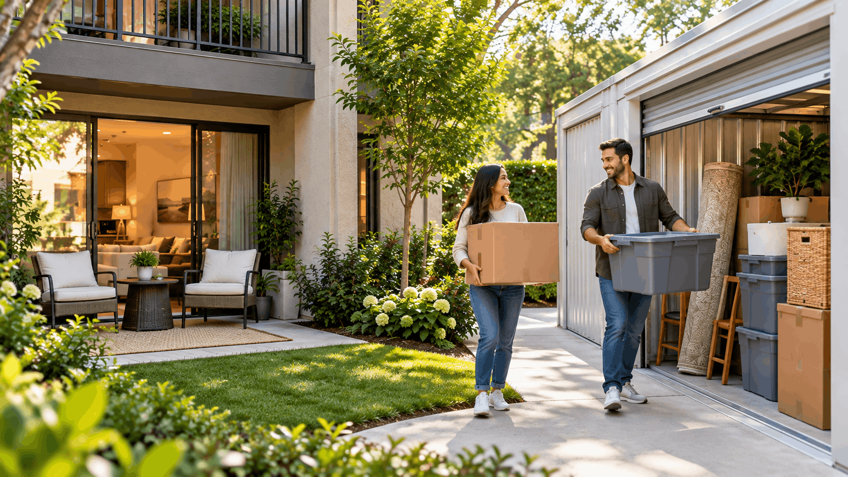 Smiling couple carrying boxes from storage unit at Fox Hills home