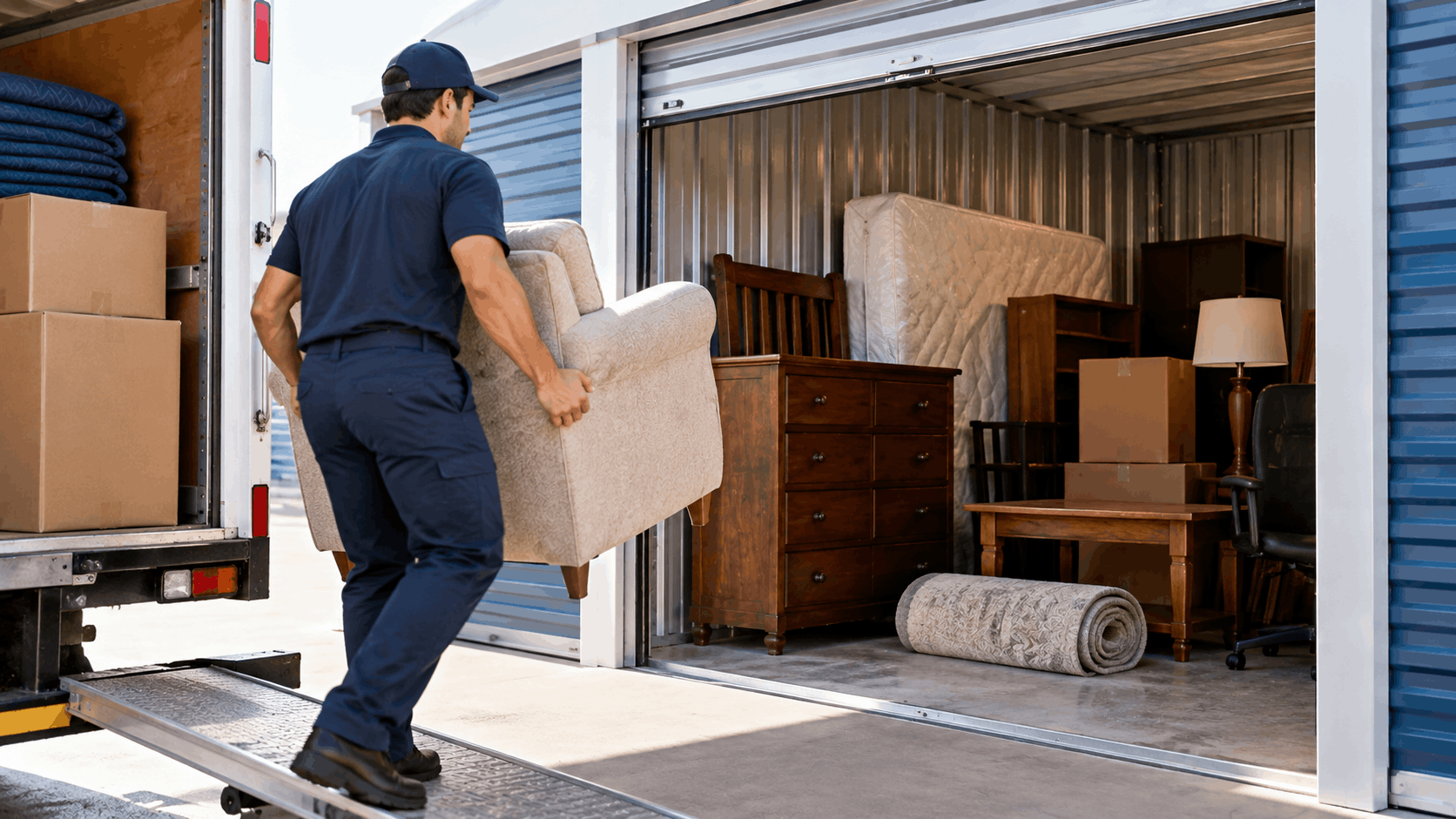 Professional mover carrying armchair into storage unit filled with furniture and boxes