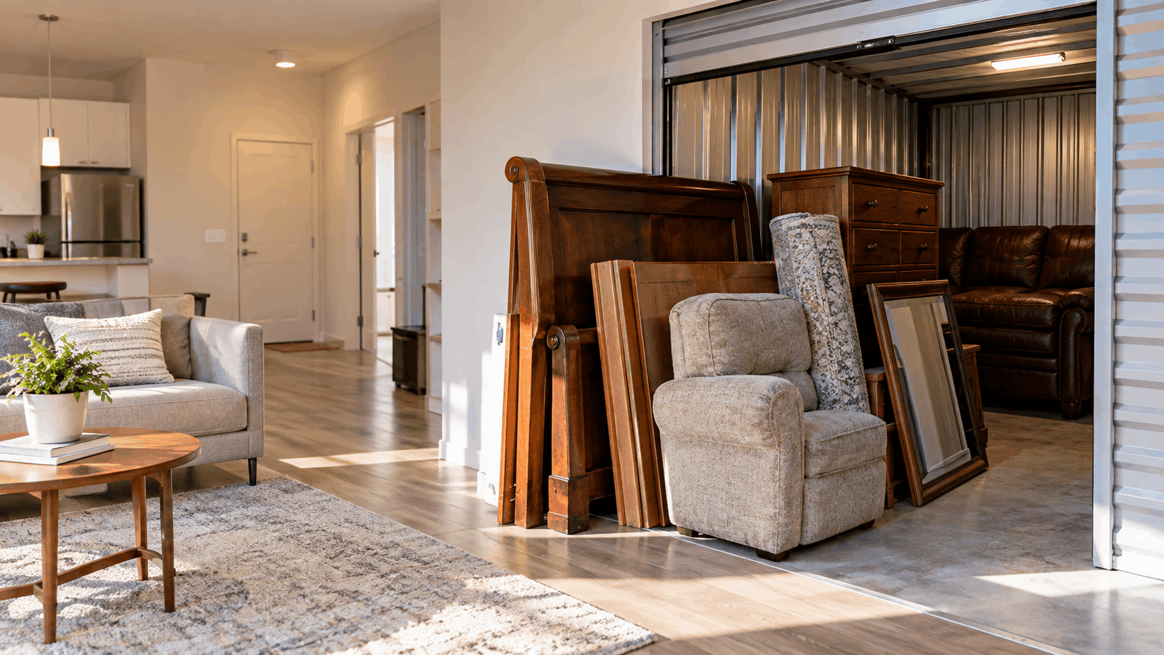 Modern apartment living room beside open storage unit filled with furniture