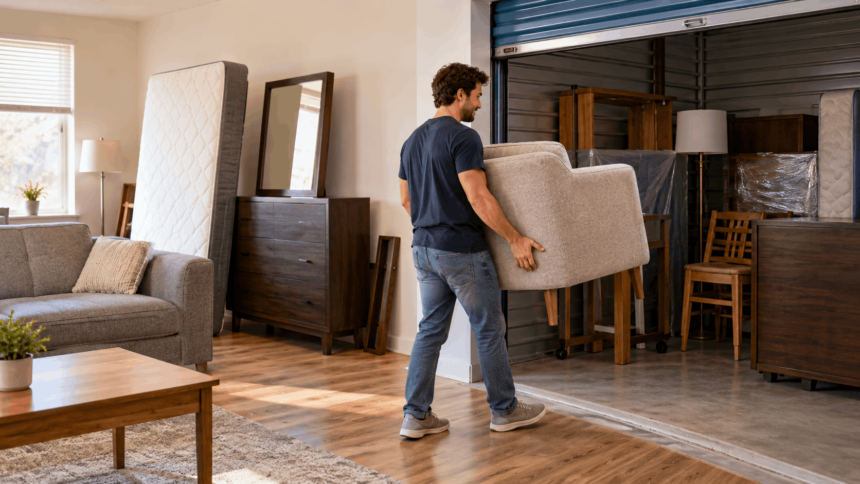Man carrying armchair from home into storage unit during Glendale moving process