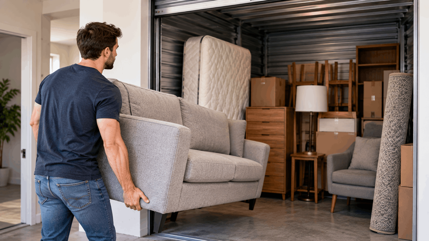 Man carrying gray sofa into storage unit filled with furniture and boxes