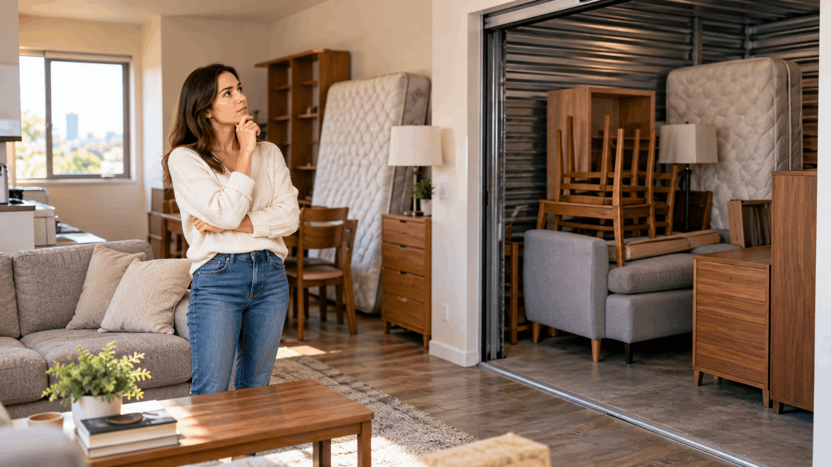 Woman contemplating furniture storage unit filled with household items in Los Angeles apartment