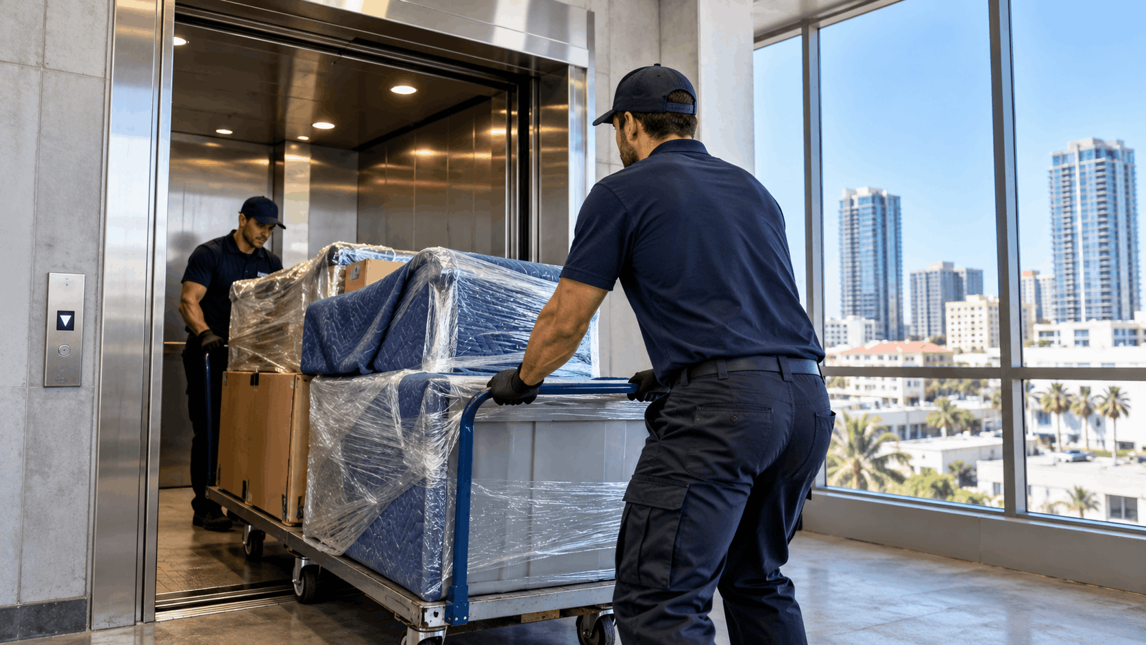 Two professional movers loading wrapped furniture onto elevator cart in downtown high-rise building