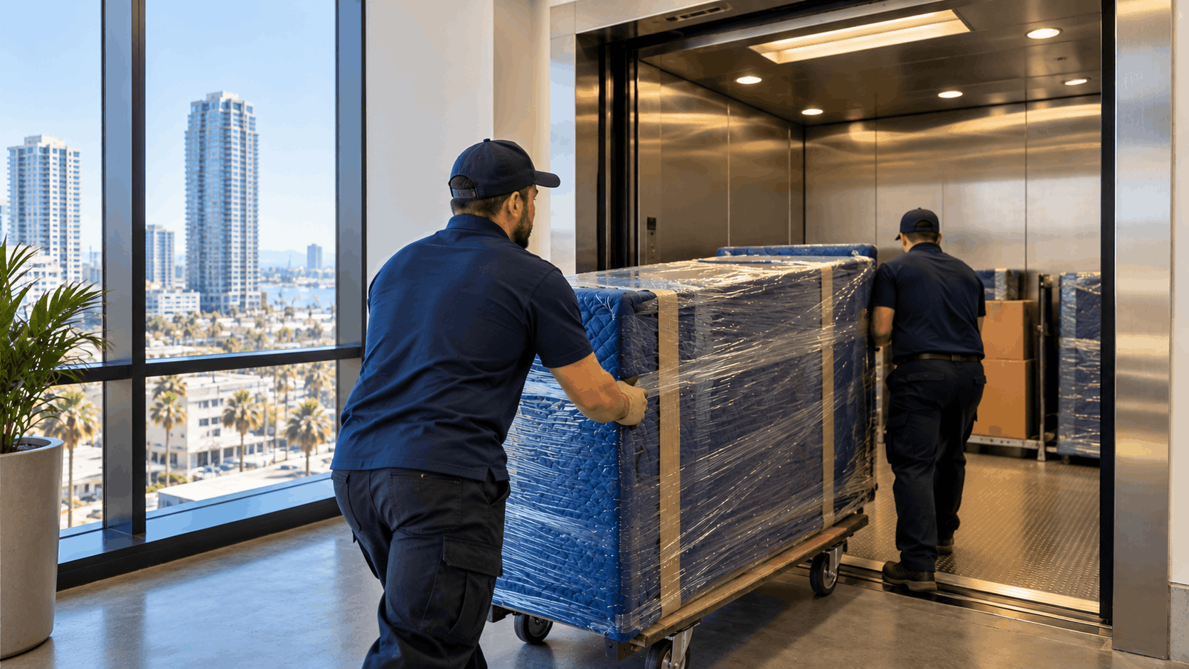 Two professional movers loading wrapped furniture onto freight elevator in Los Angeles high-rise